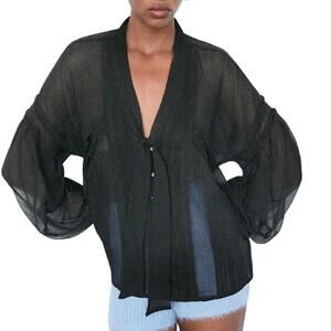 Zara Black Chiffon Tie Neck Top Size Small Balloon Sleeve Sheer Lace